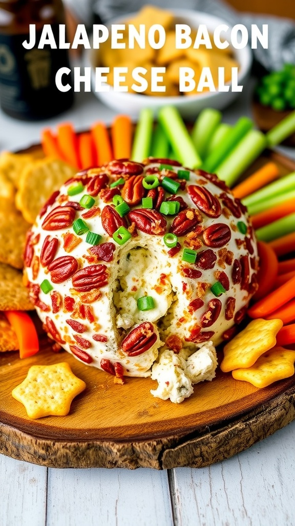 A jalapeño bacon cheese ball coated in pecans, served with crackers and veggies on a wooden board.